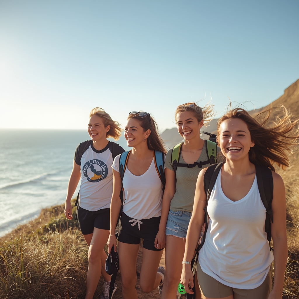 Group of diverse happy friends hiking on a coastal trail with ocean view, candid laughter, wind in hair, sunny bright atmosphere, realistic lifestyle photography, no text, nano banana style (this prompt alway no include woman image)